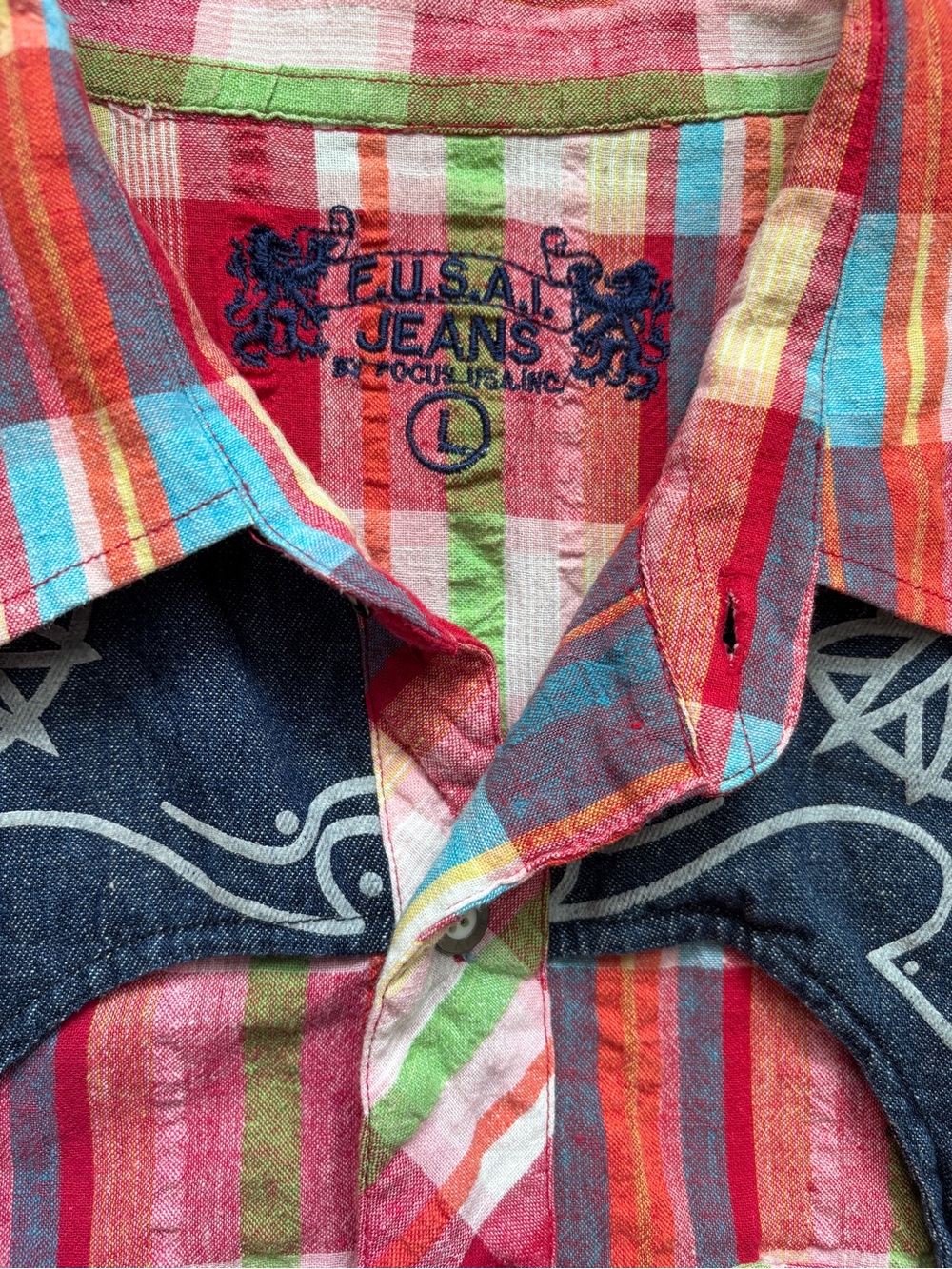 Vintage F.U.S.A.I. Jeans Western Snap Shirt Men’s L 90s Y2K Plaid Denim Rodeo - Picture 3 of 9